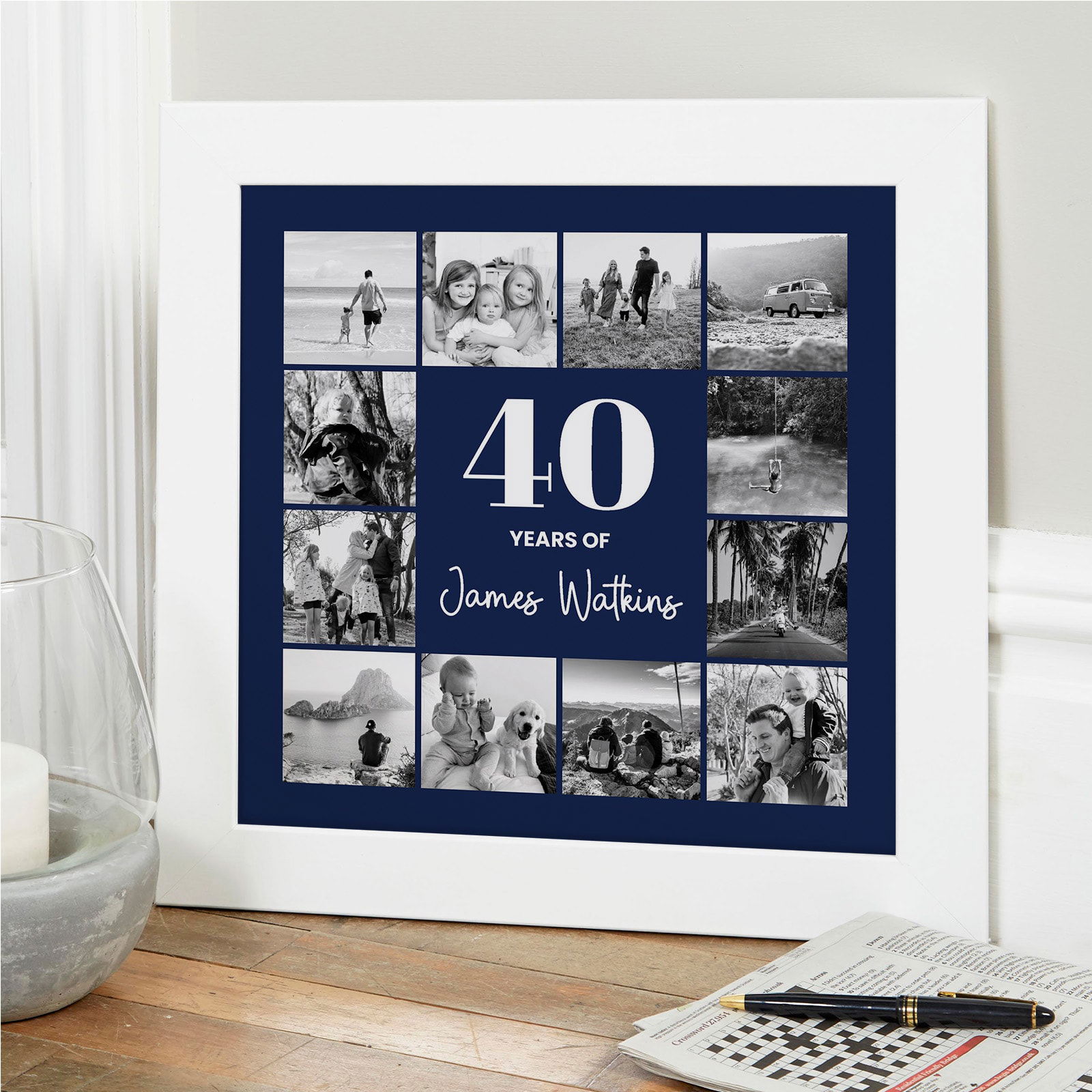 Birthday photo print with images and a custom age caption, available as a canvas or framed gift