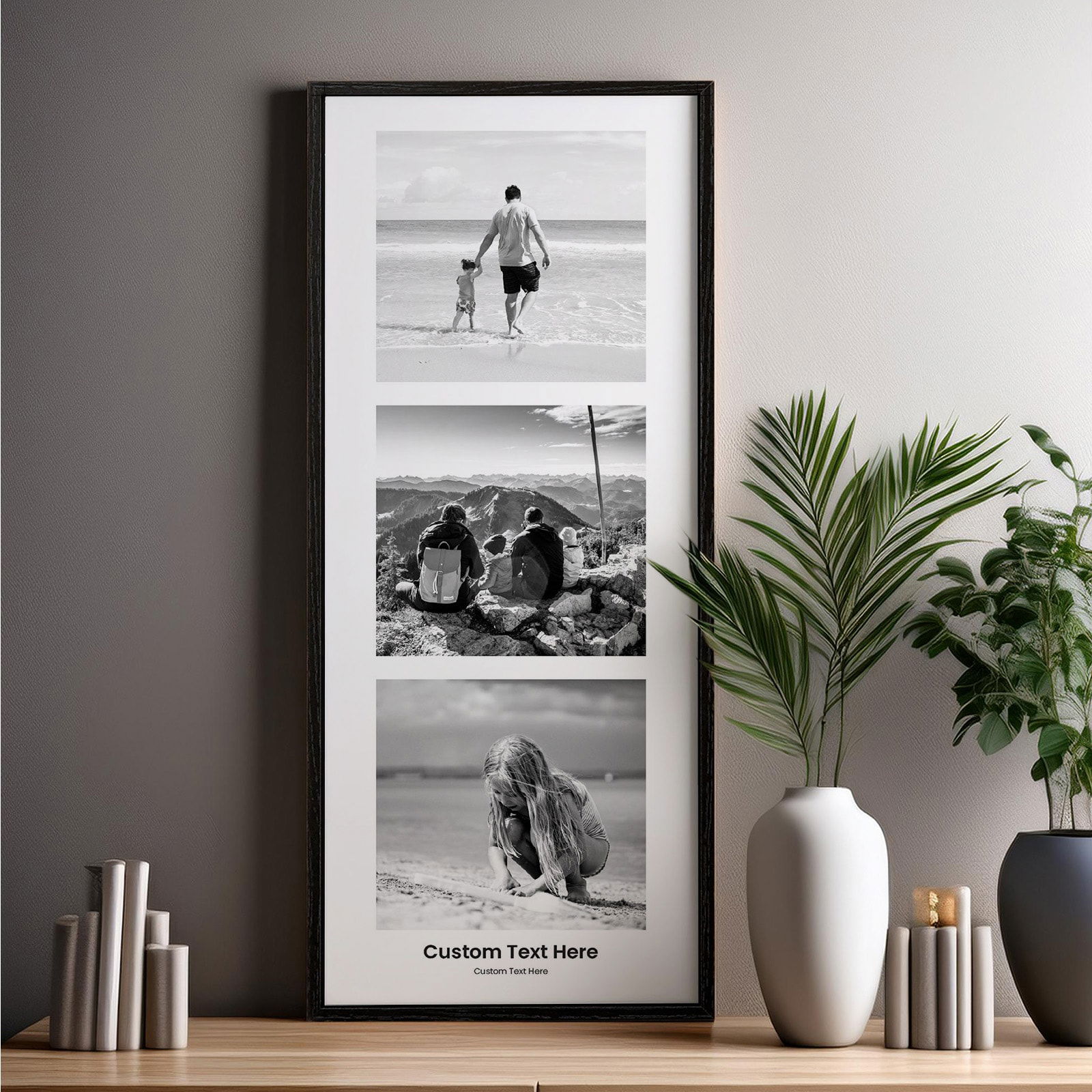 custom triple photo box frame in portrait with custom text