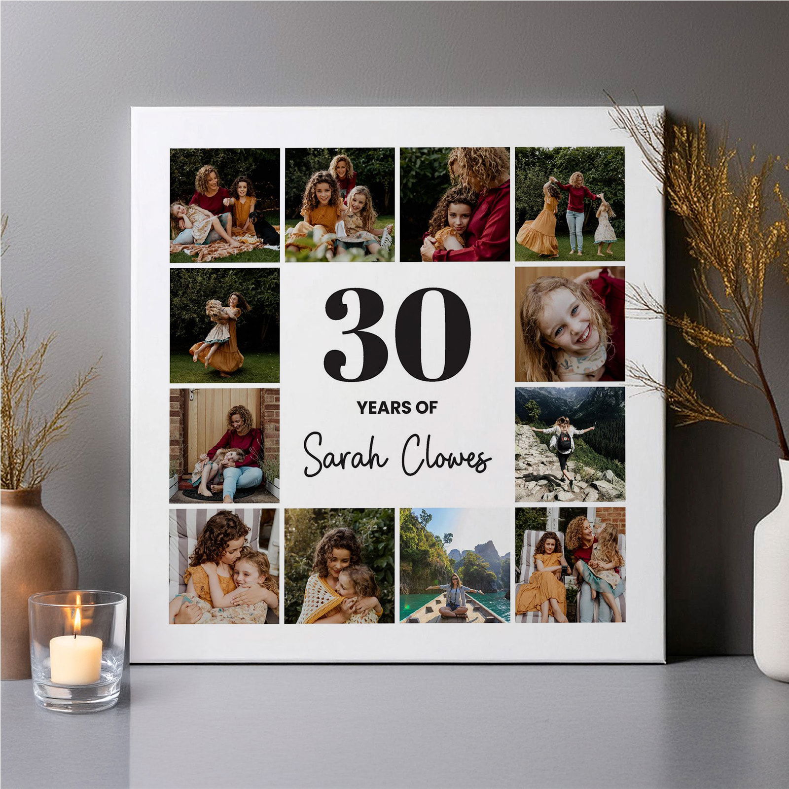 Canvas print with custom name and age surrounded by photos