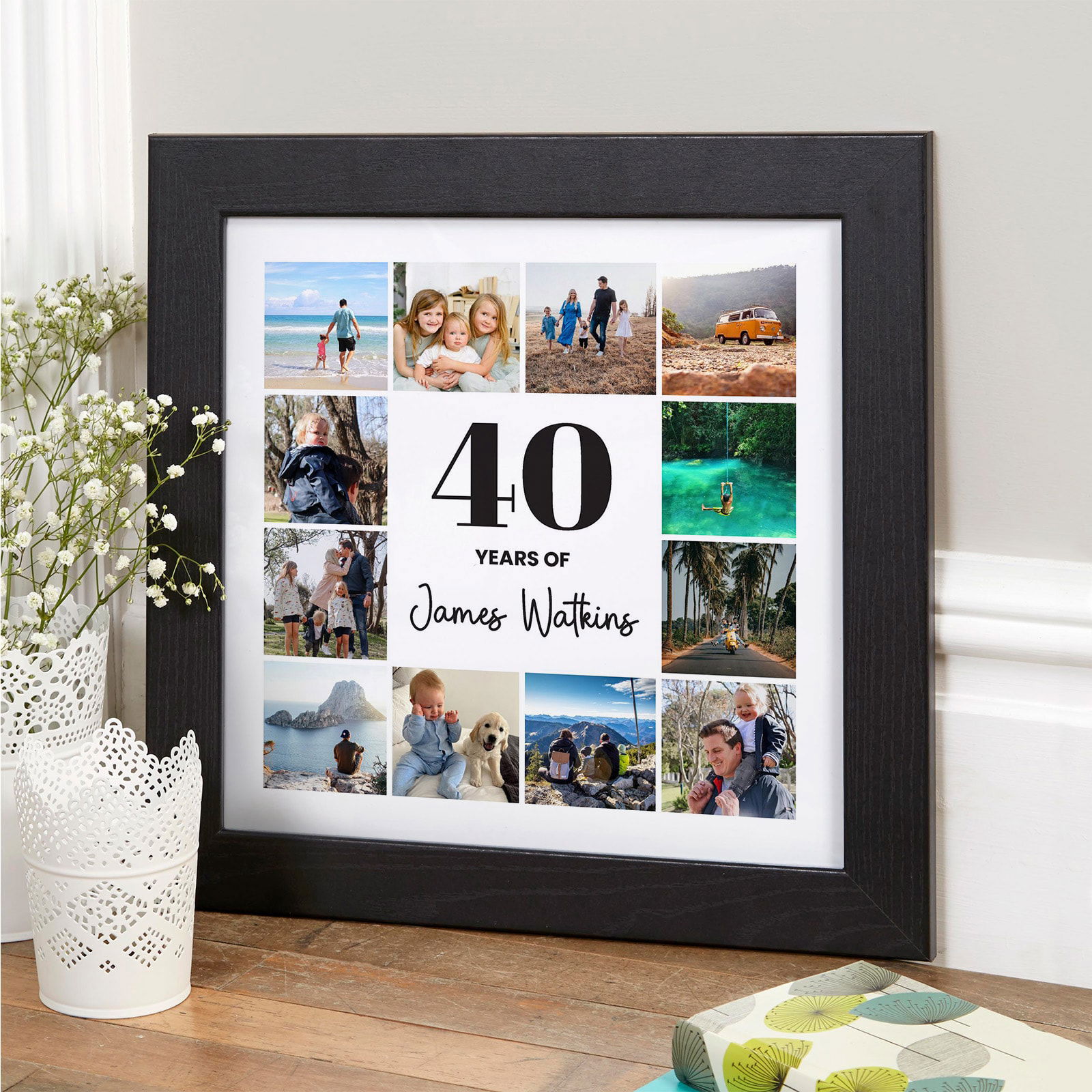 Custom birthday gift photo collage with personal pictures and age caption, available as a print