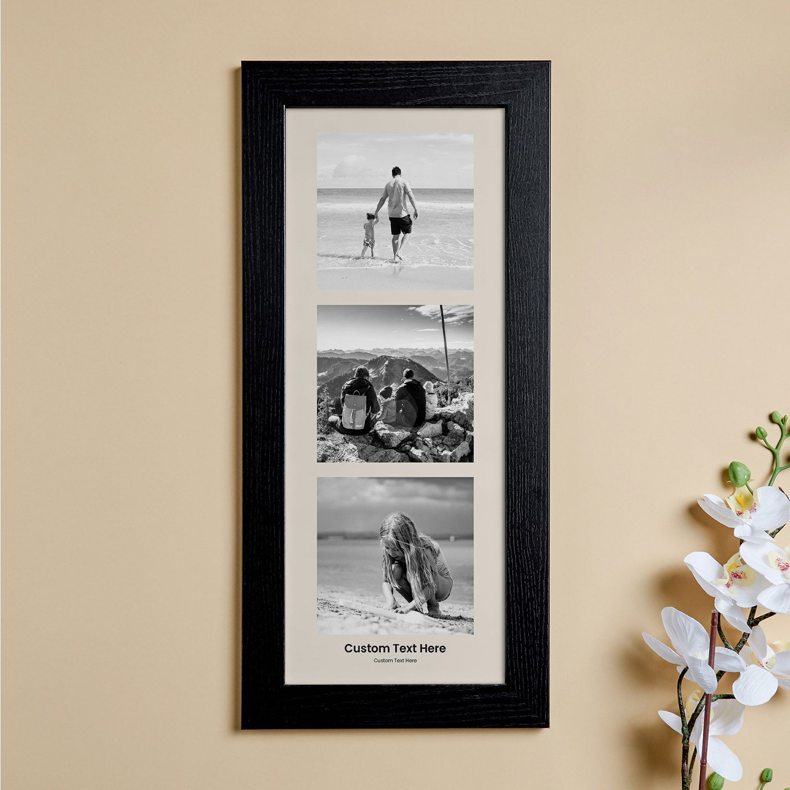 3 photographs in picture frame with custom text