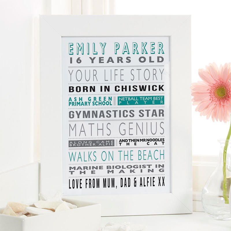 16th birthday gift ideas for girls personalised life story print