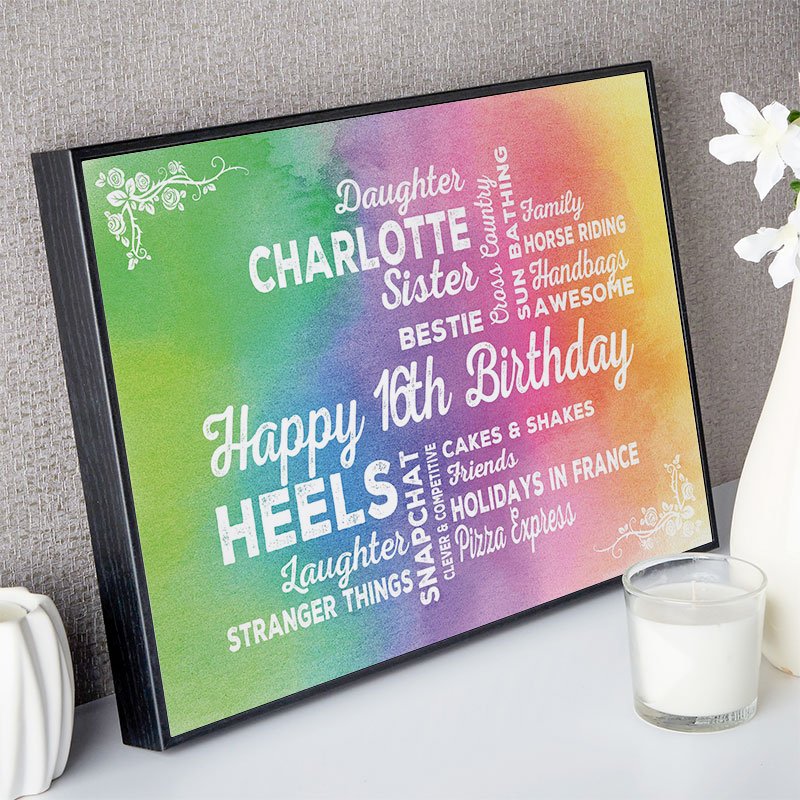 personalised 16th birthday gift for girls typographic wall art print