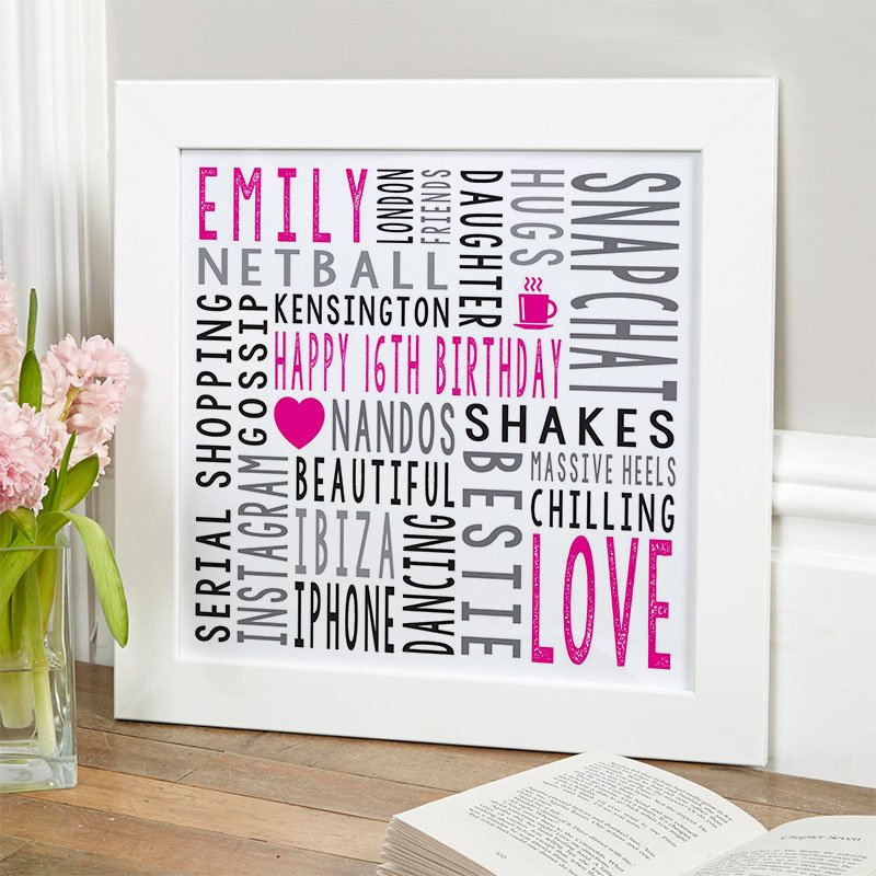 16th birthday gift for girls personalised word art print square