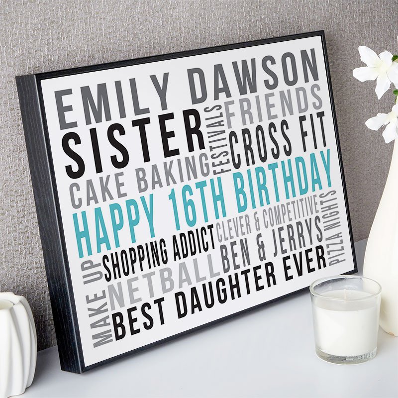 gifts for girls 16th birthday personalised wall art word print landscape likes