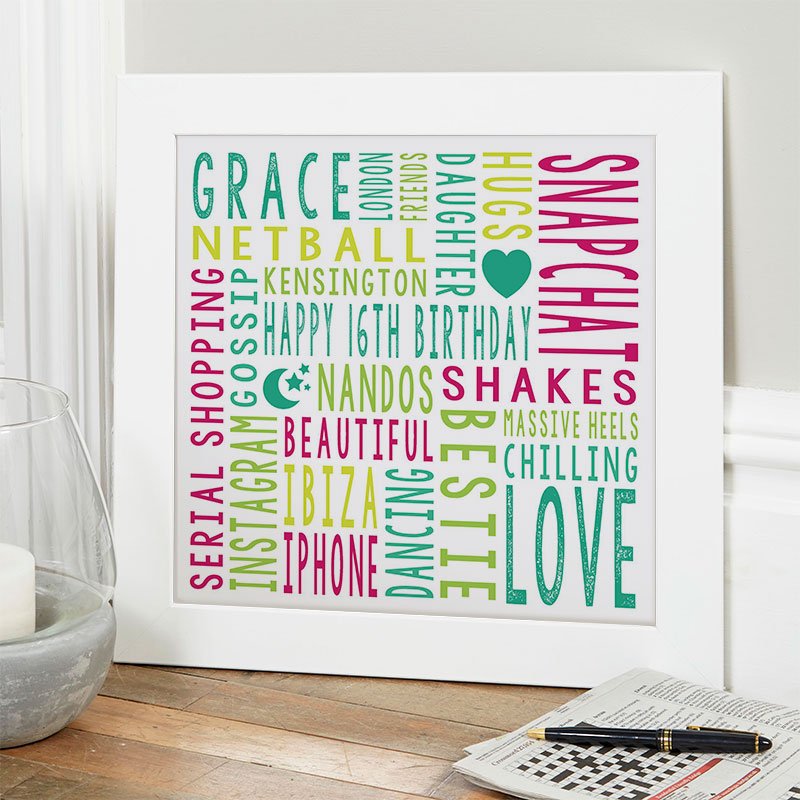 personalised girls 16th birthday gift word art square print