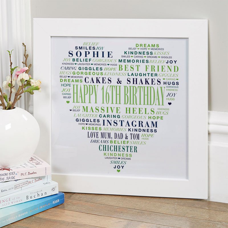 16th birthday gifts for girls personalised word love heart print