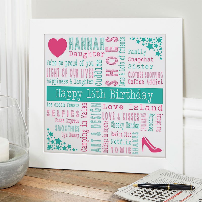 16th birthday present ideas for girls word art picture print
