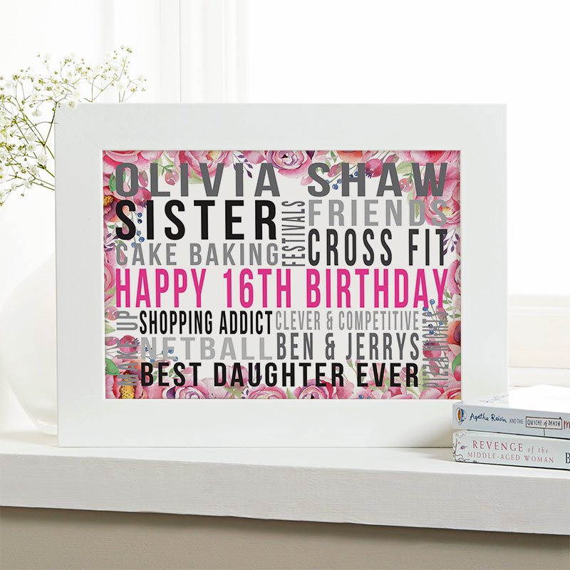16th birthday present for girls personalised word print landscape likes