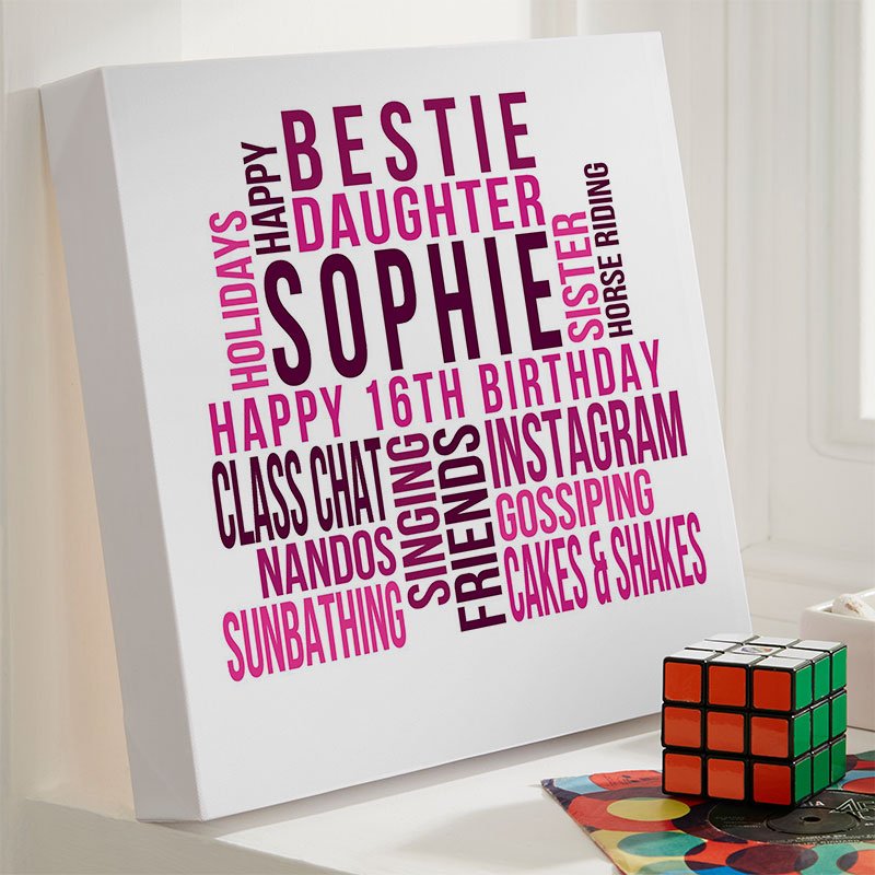 girls 16th birthday gift inspiration personalised word print square likes