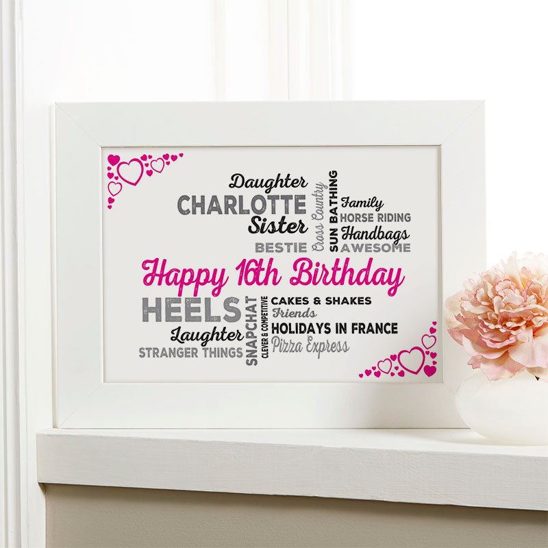 16th birthday gift for girls typographic art personalised