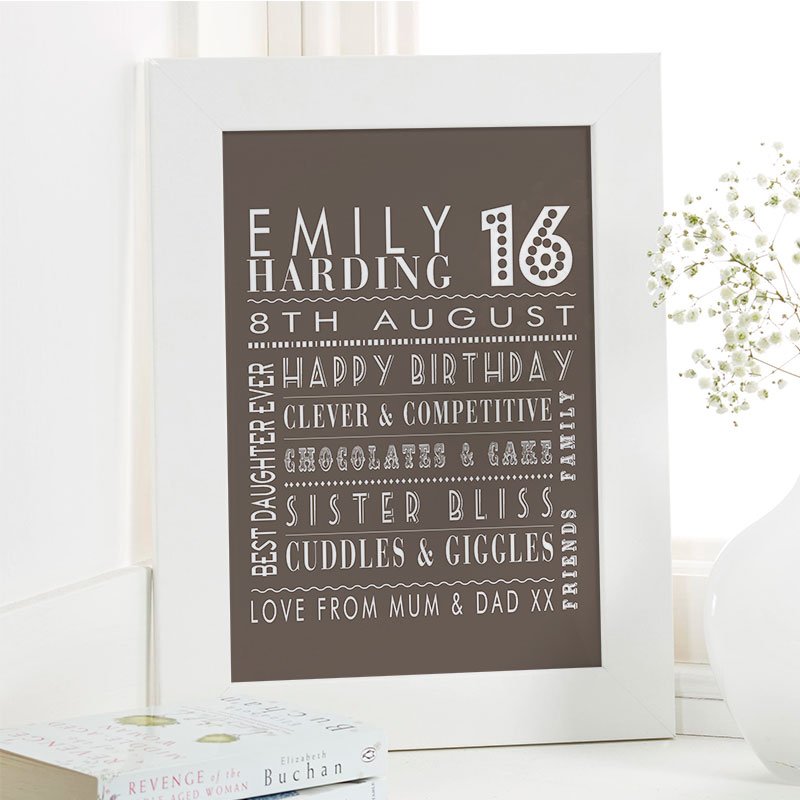 personalised 16th birthday girls present word picture print corner
