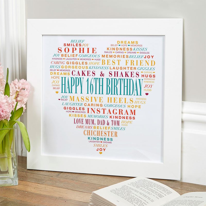 personalised 16th birthday gift for her love heart word art