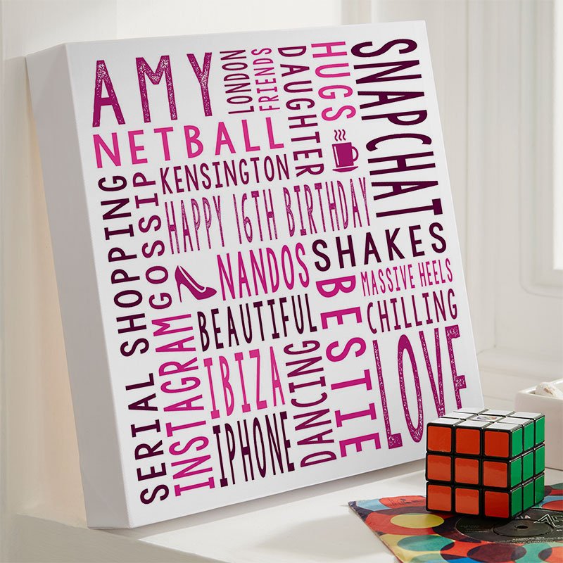 16th birthday present for girls personalised word print square