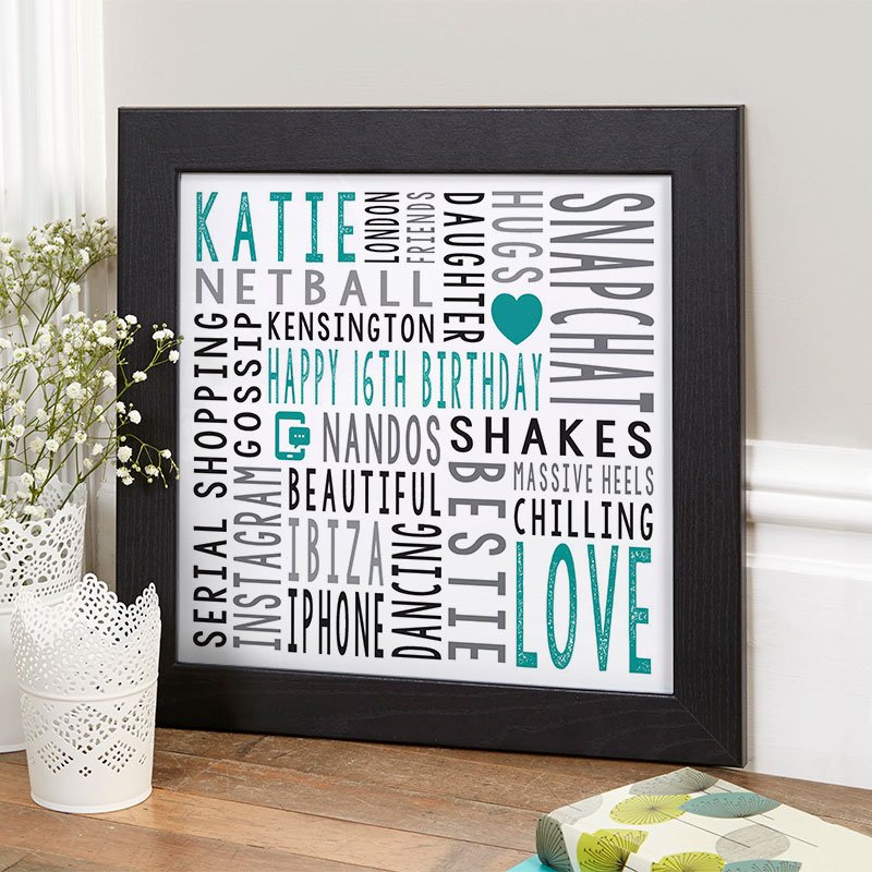 16th birthday gift ideas for girls personalised word art square