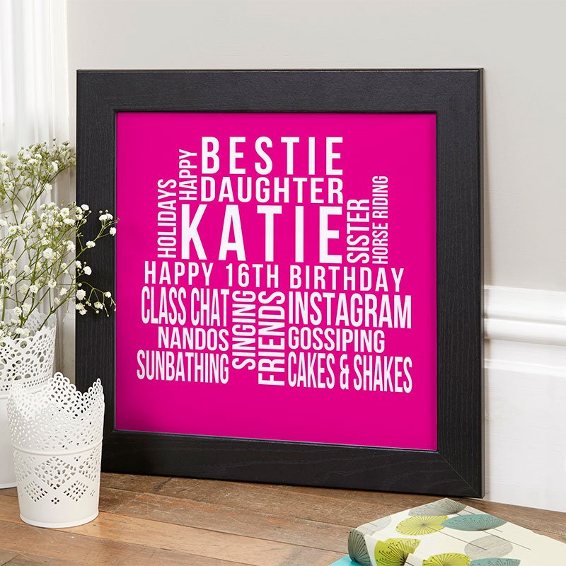 16th birthday gift ideas for girls personalised word art print square likes
