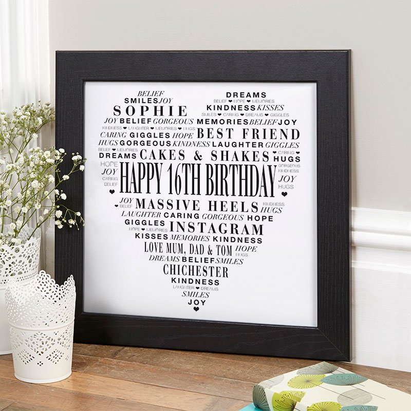 girls 16th birthday personalised gift idea love heart picture print