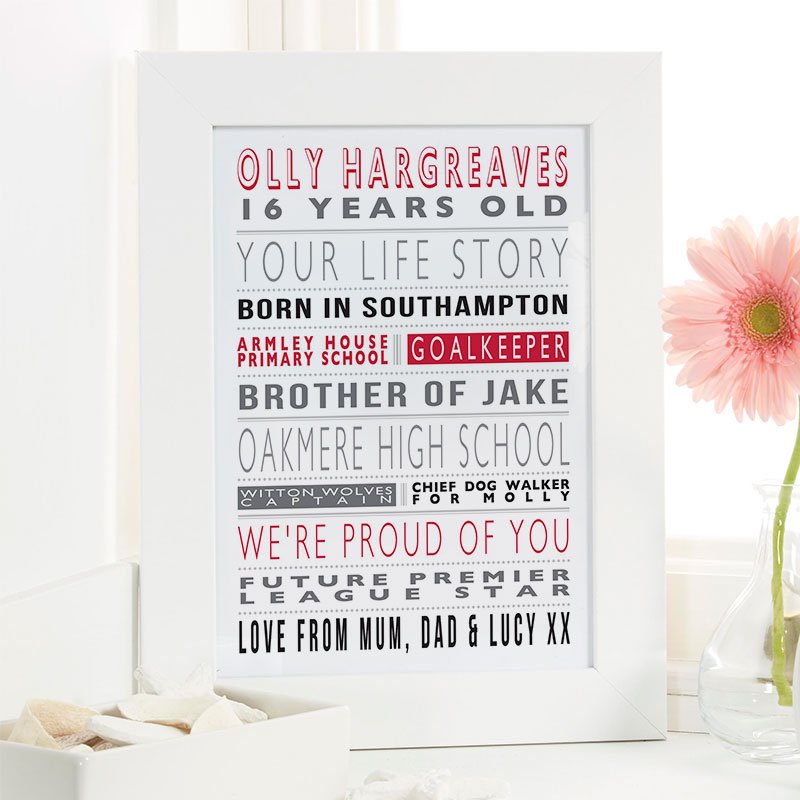 16th birthday gift ideas for boys personalised life story print