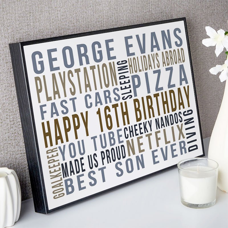 gifts for boys 16th birthday personalised wall art word print landscape likes