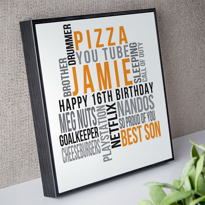 16th birthday gift for him personalised wall art word print square likes
