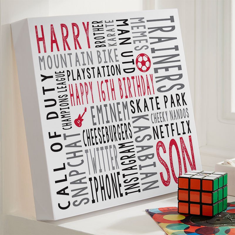 personalised boys 16th birthday gift word art square print