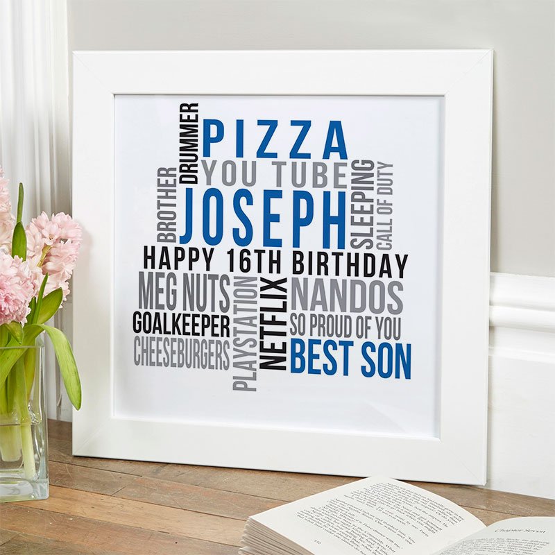 boys 16th birthday gift inspiration personalised word print square likes