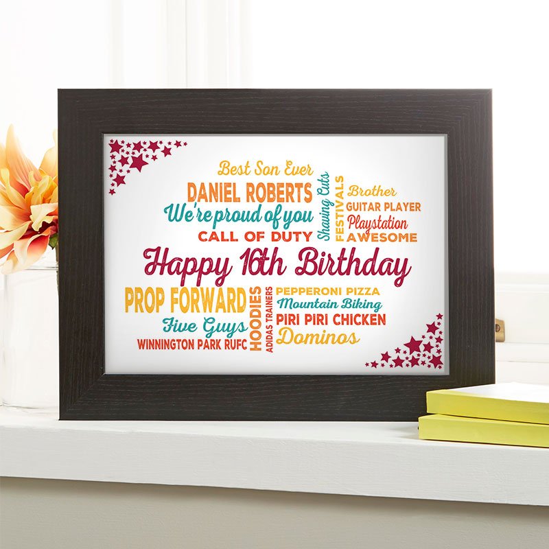 unusual 16th birthday gift for boys typographic wall art framed print