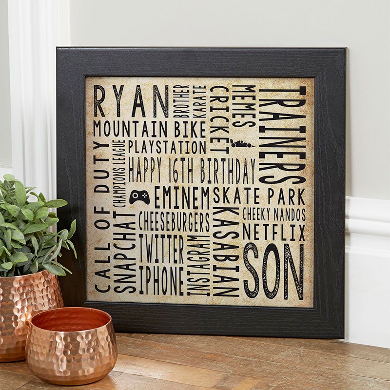 16th birthday present for boys personalised word print square