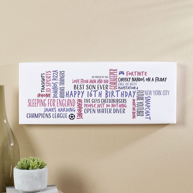 16th birthday son gift personalised word cloud canvas