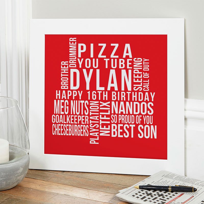 16th birthday gift ideas for boys personalised word art print square likes