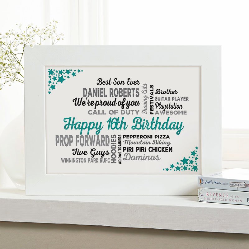 boys 16th birthday personalised gift idea word art for walls typography print