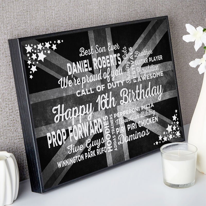 personalised 16th birthday gift for boys typographic wall art print