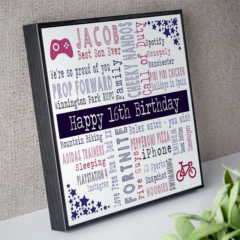personalised gift for boys 16th birthday word art picture print square corner