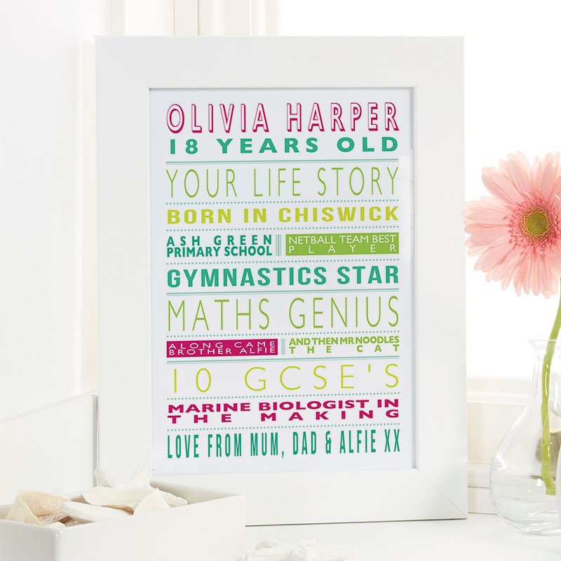 girls 18th birthday personalised gift life story print