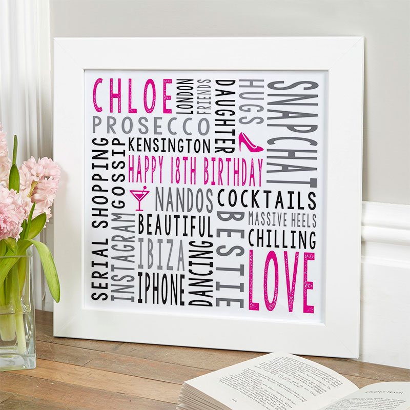 18th birthday gift for girls personalised word art print square
