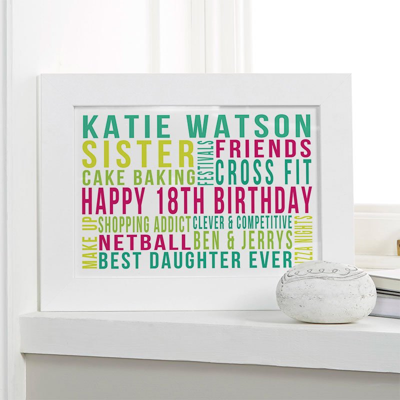 gifts for girls 18th birthday personalised wall art word print landscape likes