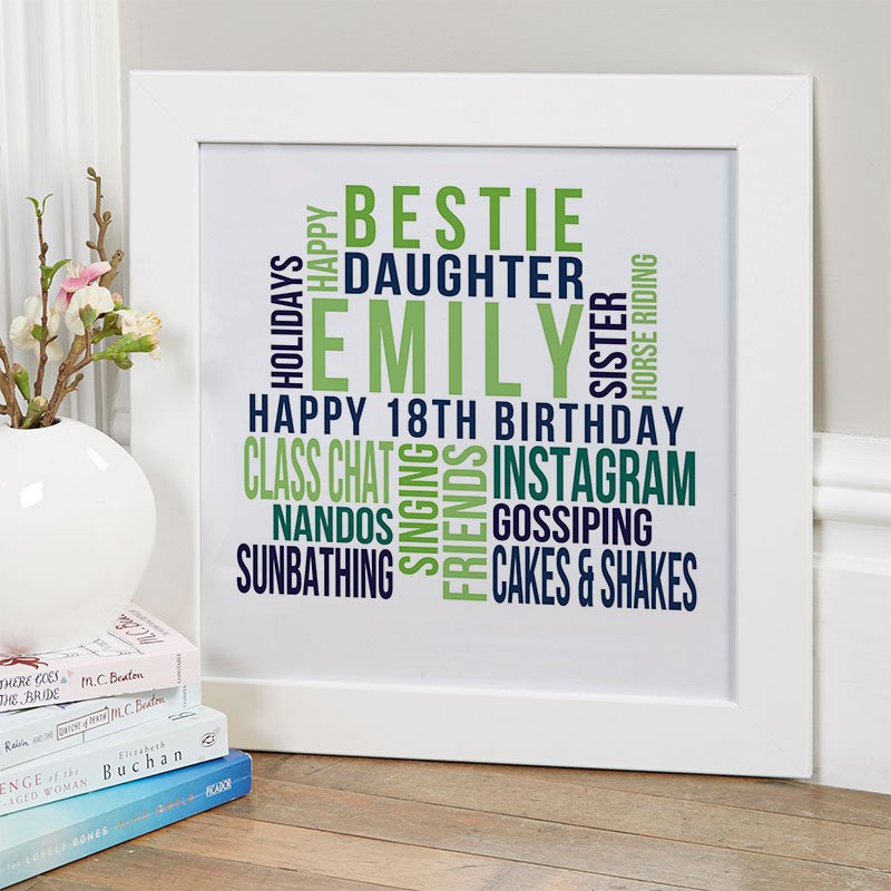 18th birthday gift for her personalised wall art word print square likes