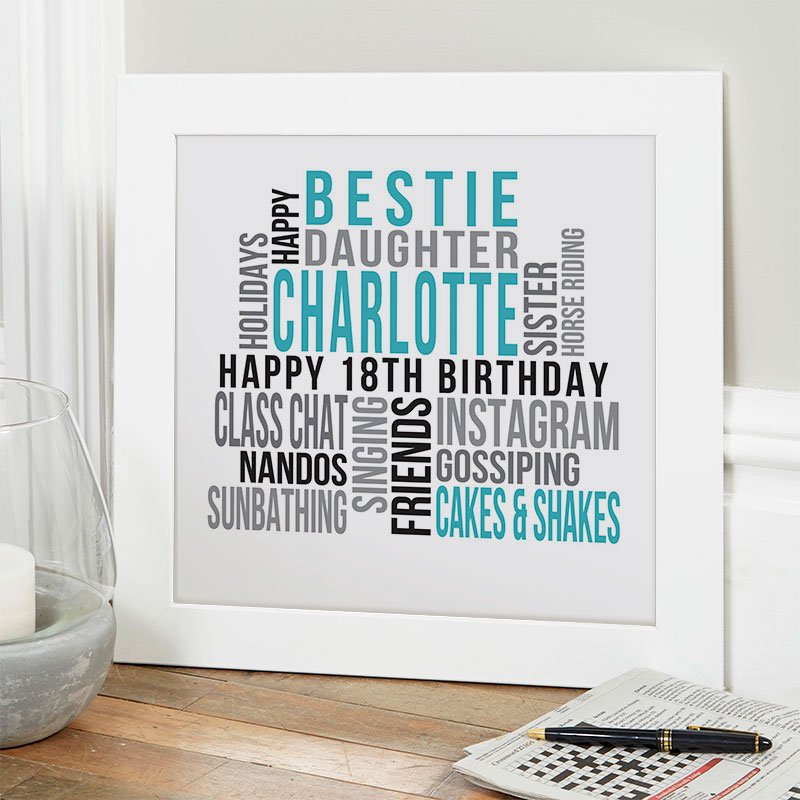 18th birthday present for girls personalised wall art print square likes