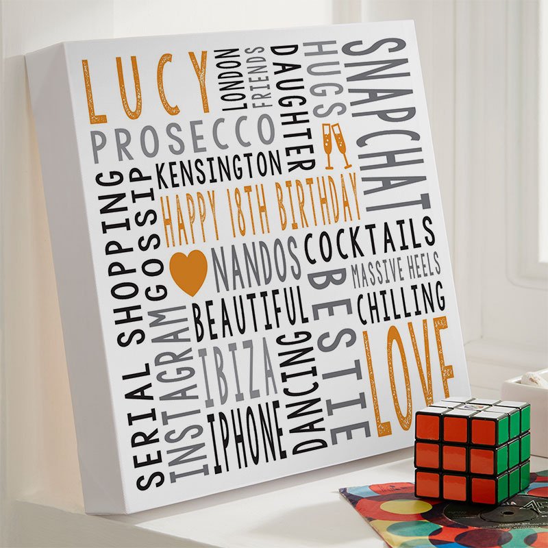 18th birthday present for girls personalised word print square
