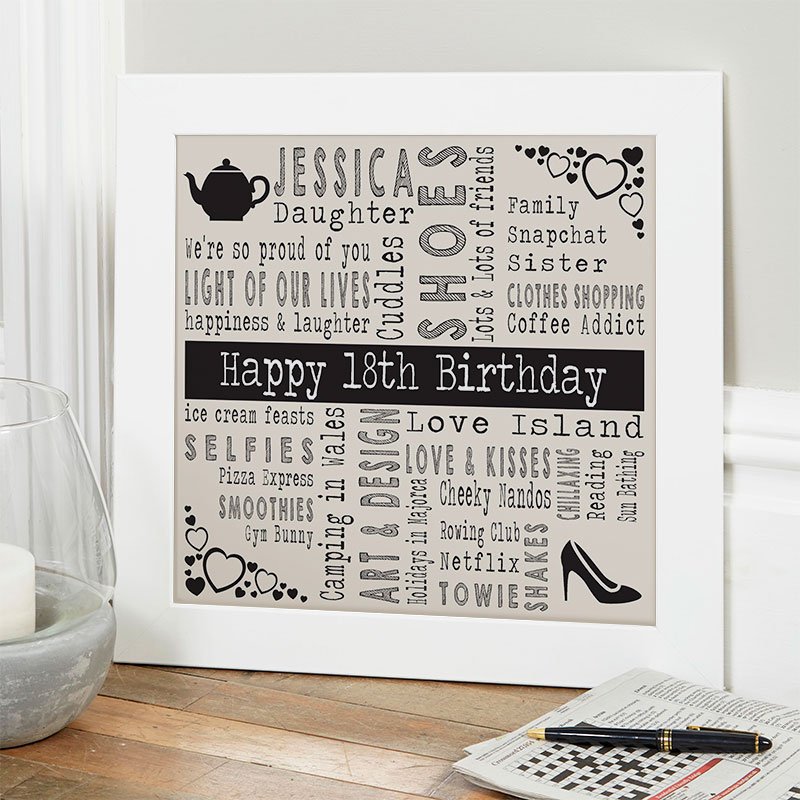 personalised gift for girls 18th birthday word art picture print square corner