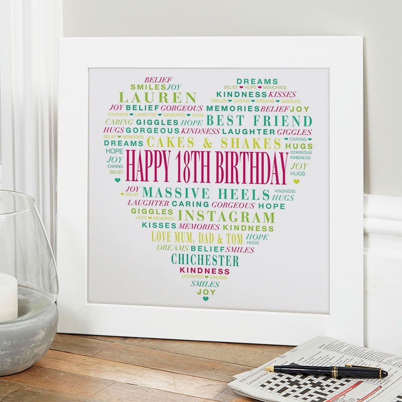 personalised 18th birthday gift for her love heart word art