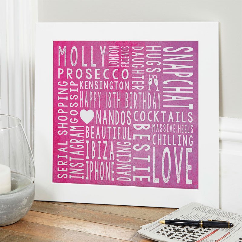 personalised girls 18th birthday gift word art square print