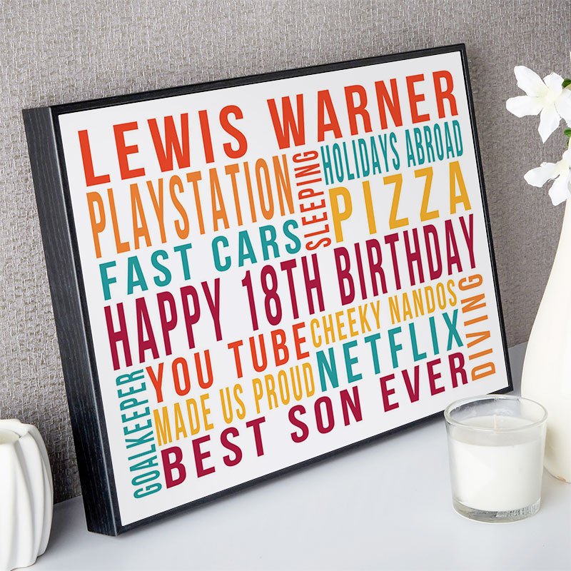 gifts for boys 18th birthday personalised wall art word print landscape likes