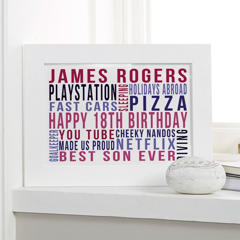 18th birthday present for boys personalised word print landscape likes