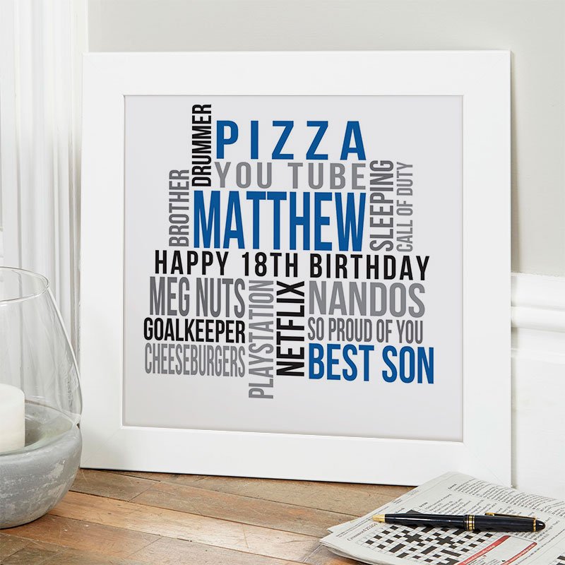 18th birthday present for boys personalised wall art print square likes