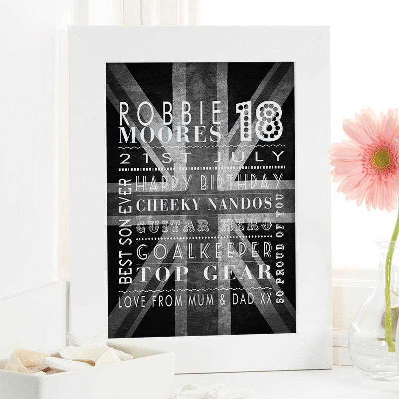 personalised 18th birthday boys present word picture print corner