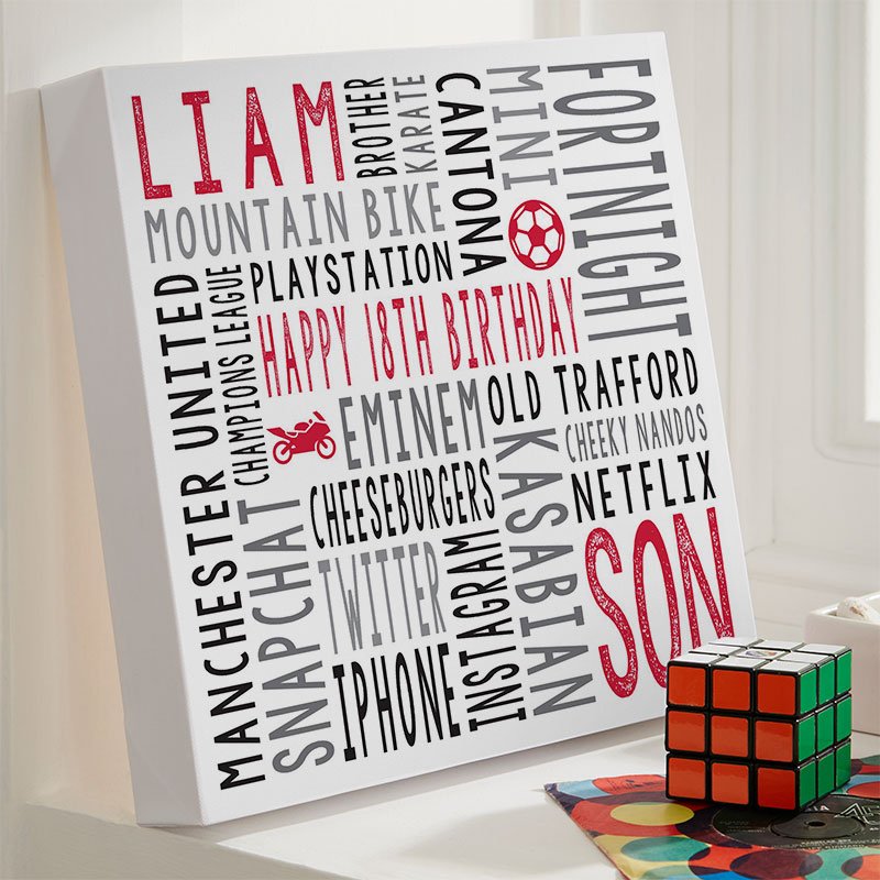 18th birthday present for boys personalised word print square canvas