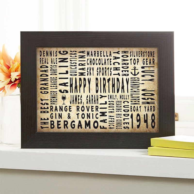 70th birthday personalised gift for him word art landscape icons