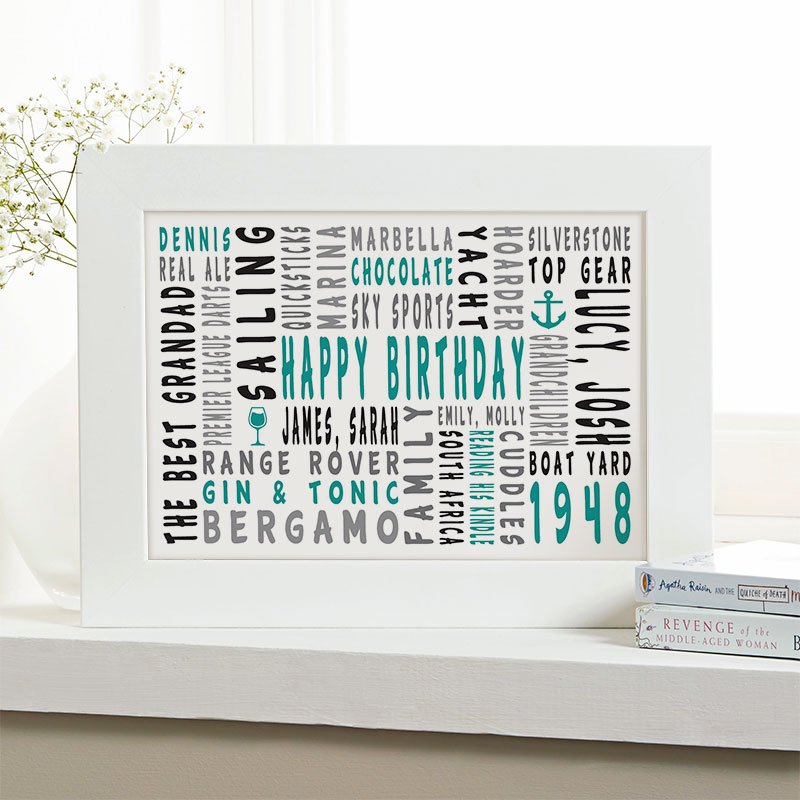 personalised gift for him 70th birthday unique word picture print landscape icons