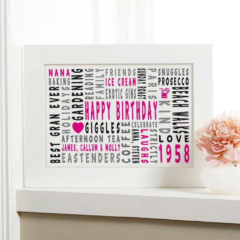 60th birthday personalised gift for her word art landscape icons